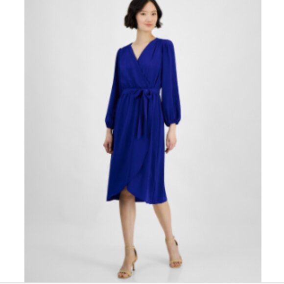 Connected Petite Long-Sleeve Tied Wrap Dress - Saphire - Picture 3 of 3